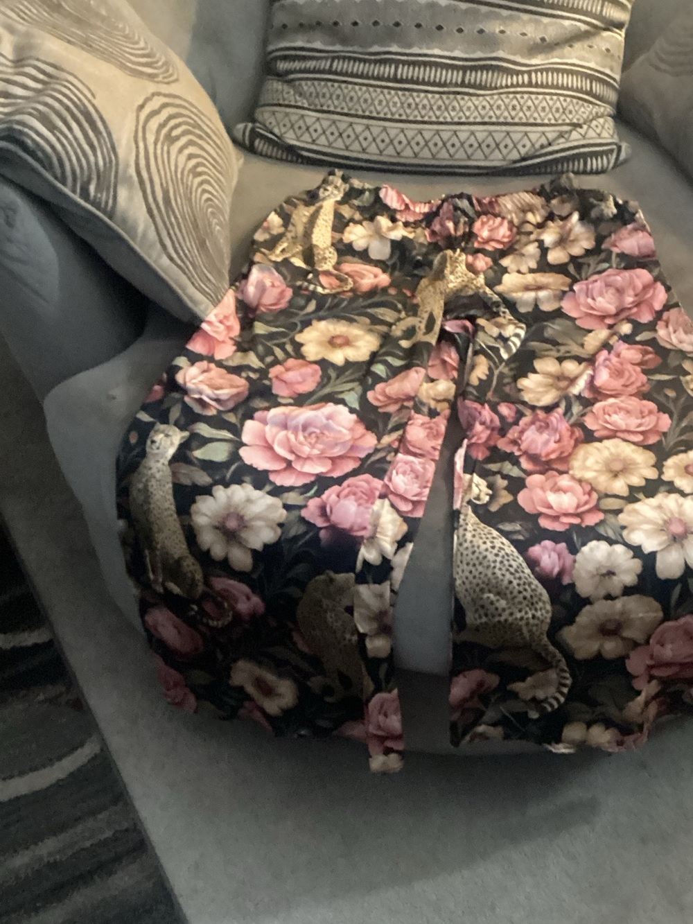 Floral & Leopard Print Wide Leg Pants in Black and Pink